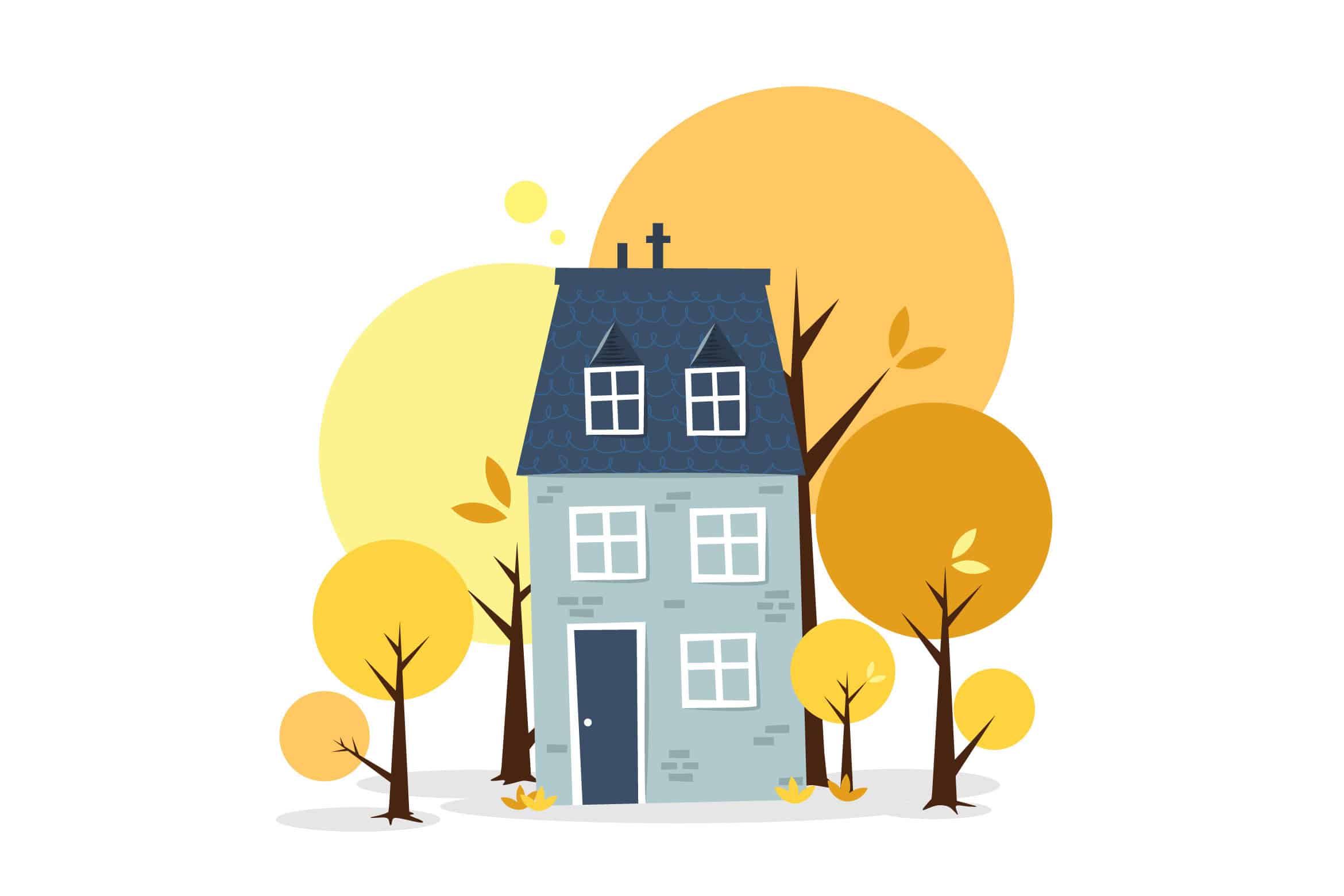 A cartoon-style Suubi House with a dark blue roof, surrounded by yellow and orange autumn trees, sits against a white background with large yellow sun-like circles—truly a warm home.