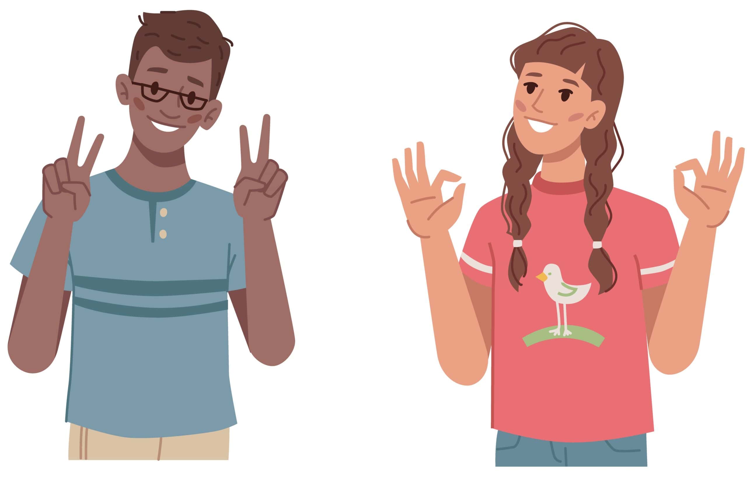 Two people are smiling. At Suubi House, trustful relationships shine—the person on the left wears glasses and a blue shirt, flashing peace signs, while the one on the right has long hair, a red bird shirt, and makes "OK" signs with both hands.