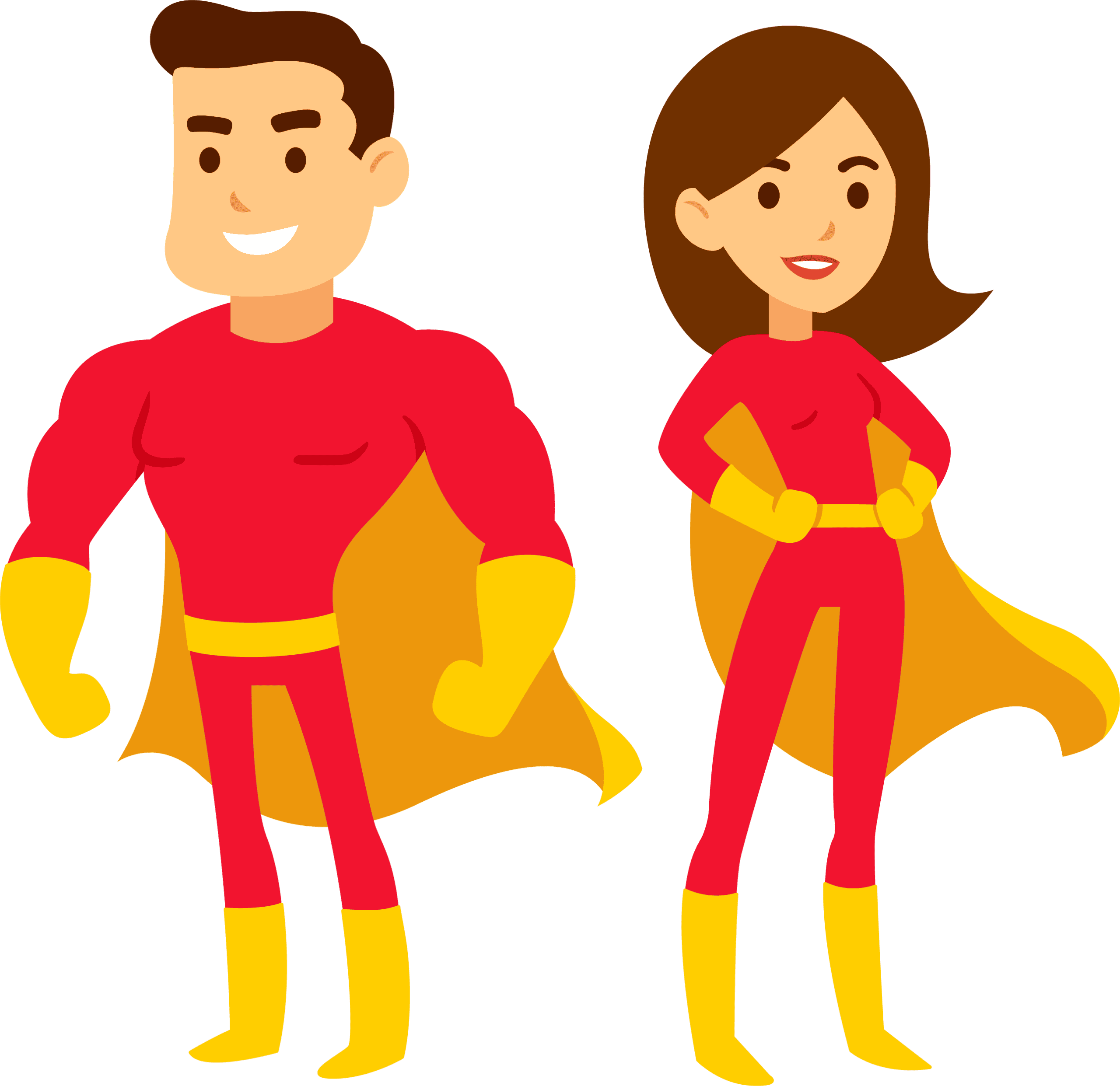Cartoon illustration of a male and female superhero standing side by side, both wearing red costumes with yellow gloves, boots, belts, and capes, smiling confidently as Suubi House recognises potential in every hero.